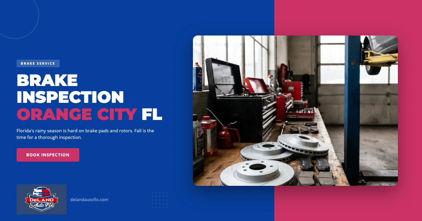Brake inspection in Orange City, FL — DeLand Auto Fix technician measuring brake pad thickness on a front rotor during a fall post-rainy-season brake service