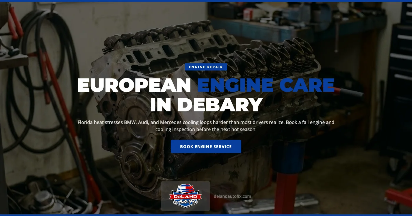 Engine repair in DeBary, FL — DeLand Auto Fix BMW Certified Technician Specialist performing a fall cooling-system inspection on a European vehicle's engine bay
