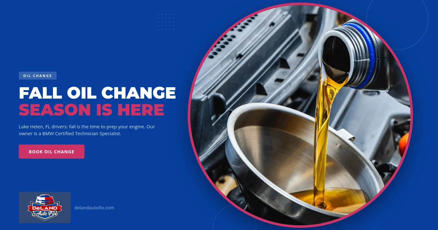 Oil change in Lake Helen, FL — Deland Auto technician draining used synthetic motor oil into a catch pan during a fall oil and filter service